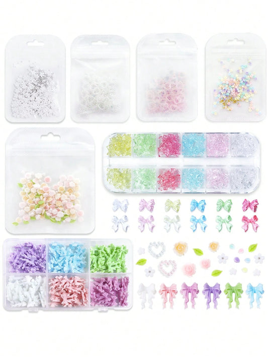 7pcs/Set Multi-Style Rose Bow Flower Heart Nail Art Decorations, Kawaii Nail Art Parts, Y2K Romantic Soft Minimalist Style Nail Art Supplies Accessories, Suitable For DIY Women's Nail Salon Design Dec