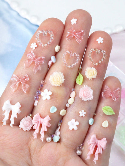 7pcs/Set Multi-Style Rose Bow Flower Heart Nail Art Decorations, Kawaii Nail Art Parts, Y2K Romantic Soft Minimalist Style Nail Art Supplies Accessories, Suitable For DIY Women's Nail Salon Design Dec