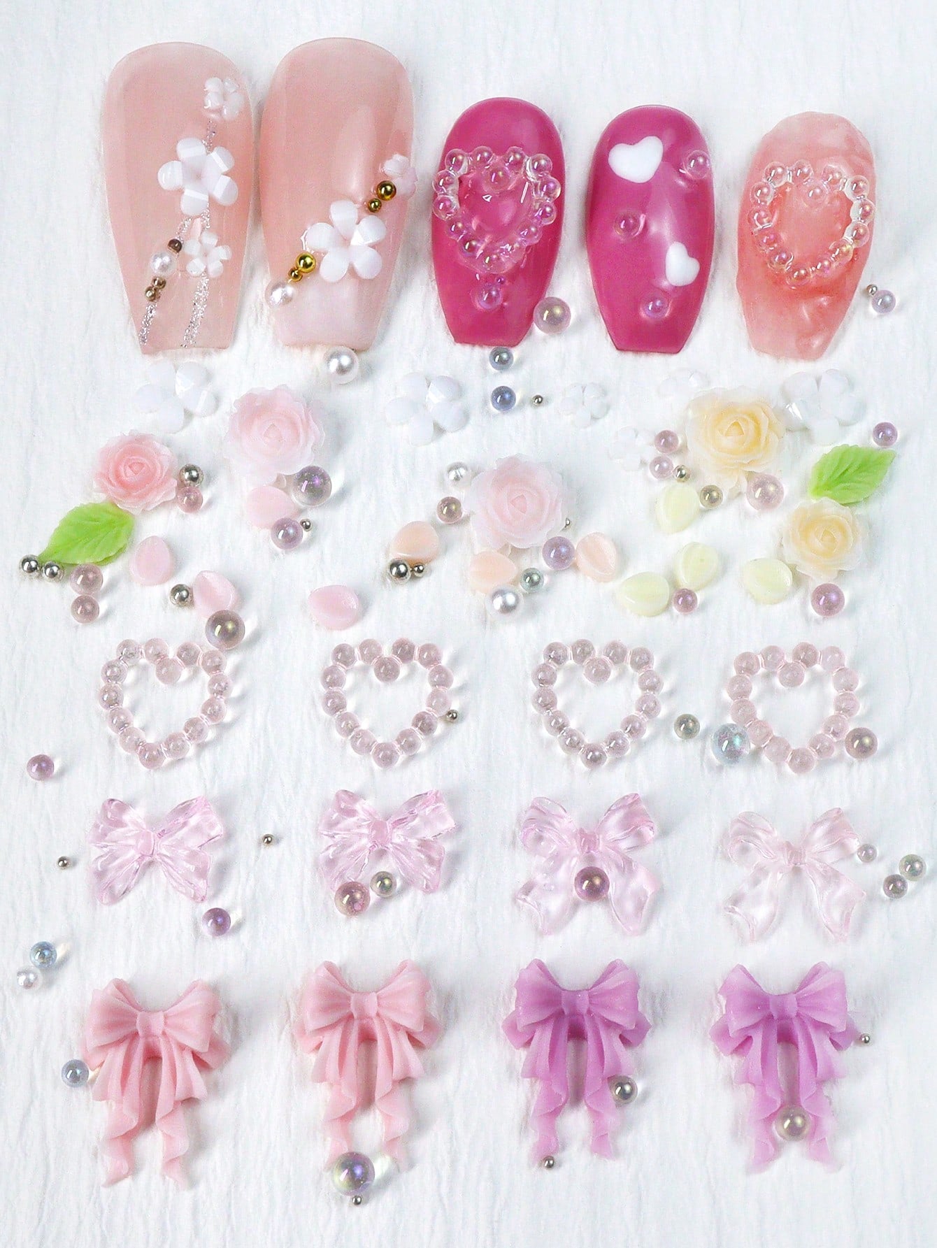 7pcs/Set Multi-Style Rose Bow Flower Heart Nail Art Decorations, Kawaii Nail Art Parts, Y2K Romantic Soft Minimalist Style Nail Art Supplies Accessories, Suitable For DIY Women's Nail Salon Design Dec