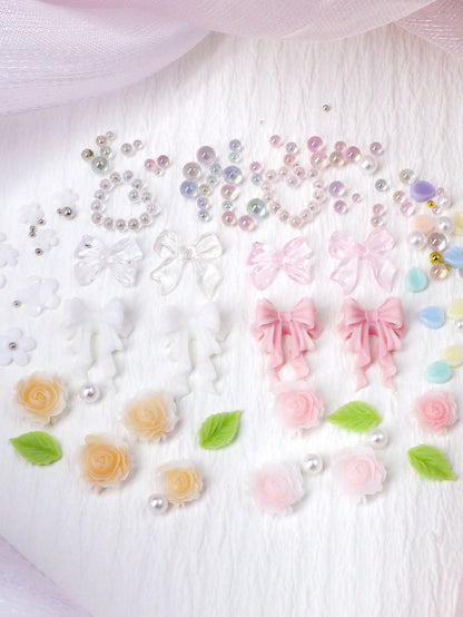 7pcs/Set Multi-Style Rose Bow Flower Heart Nail Art Decorations, Kawaii Nail Art Parts, Y2K Romantic Soft Minimalist Style Nail Art Supplies Accessories, Suitable For DIY Women's Nail Salon Design Dec