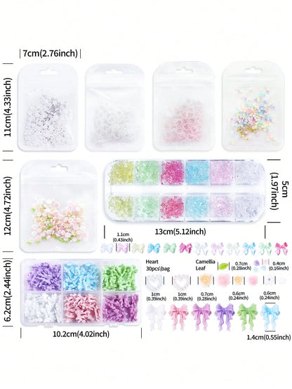 7pcs/Set Multi-Style Rose Bow Flower Heart Nail Art Decorations, Kawaii Nail Art Parts, Y2K Romantic Soft Minimalist Style Nail Art Supplies Accessories, Suitable For DIY Women's Nail Salon Design Dec