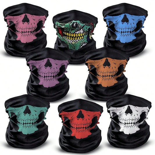 8 Pcs Skull Pattern Face Mask, Neck Gaiter Bandana, Multi-Function Headwear, Breathable Windproof UV Protection Scarf, Warm Winter Face Cover For Cycling, Skiing, Hiking, Motorcycle, Outdoor Sports, H