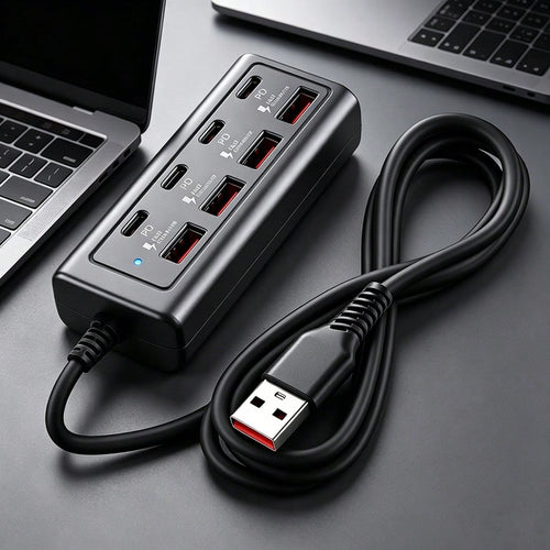 8-Port USB Hub With Fast Charging (4 USB-A + 4 PD Ports)- 25W PD Power, Compact USB Powered Docking Station, Suitable For MacBook, PC, Tablet, Smartphone- Compatible With USB-C Devices, Durable Whit