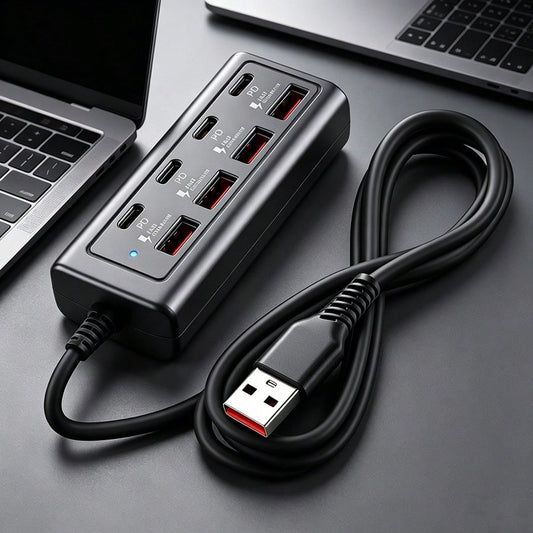 8-Port USB Hub With Fast Charging (4 USB-A + 4 PD Ports)- 25W PD Power, Compact USB Powered Docking Station, Suitable For MacBook, PC, Tablet, Smartphone- Compatible With USB-C Devices, Durable Whit