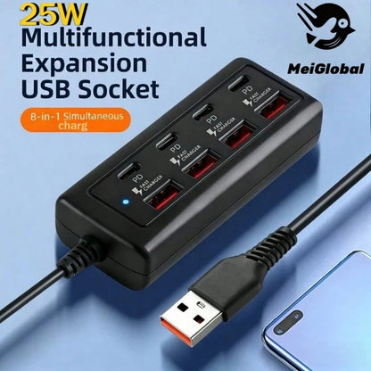 8-Port USB Hub With Fast Charging (4 USB-A + 4 PD Ports)- 25W PD Power, Compact USB Powered Docking Station, Suitable For MacBook, PC, Tablet, Smartphone- Compatible With USB-C Devices, Durable Whit