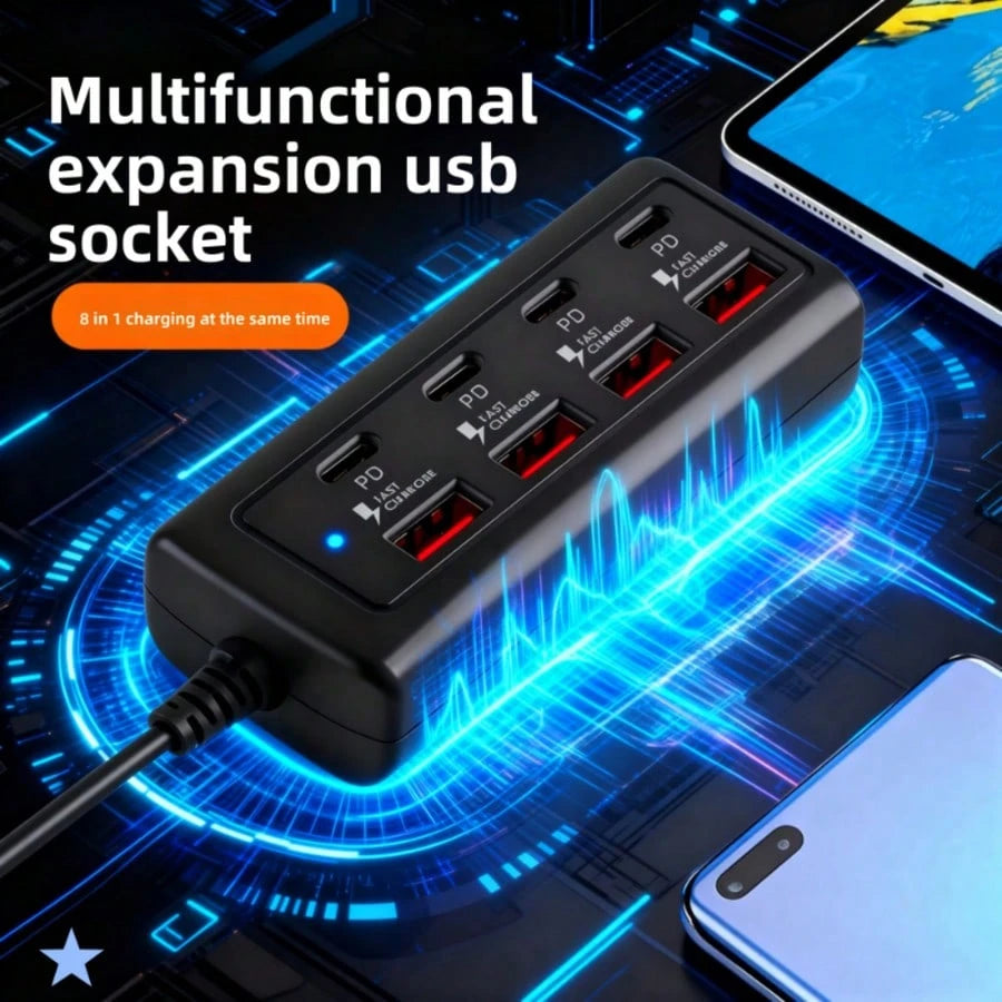 8-Port USB Hub With Fast Charging (4 USB-A + 4 PD Ports)- 25W PD Power, Compact USB Powered Docking Station, Suitable For MacBook, PC, Tablet, Smartphone- Compatible With USB-C Devices, Durable Whit