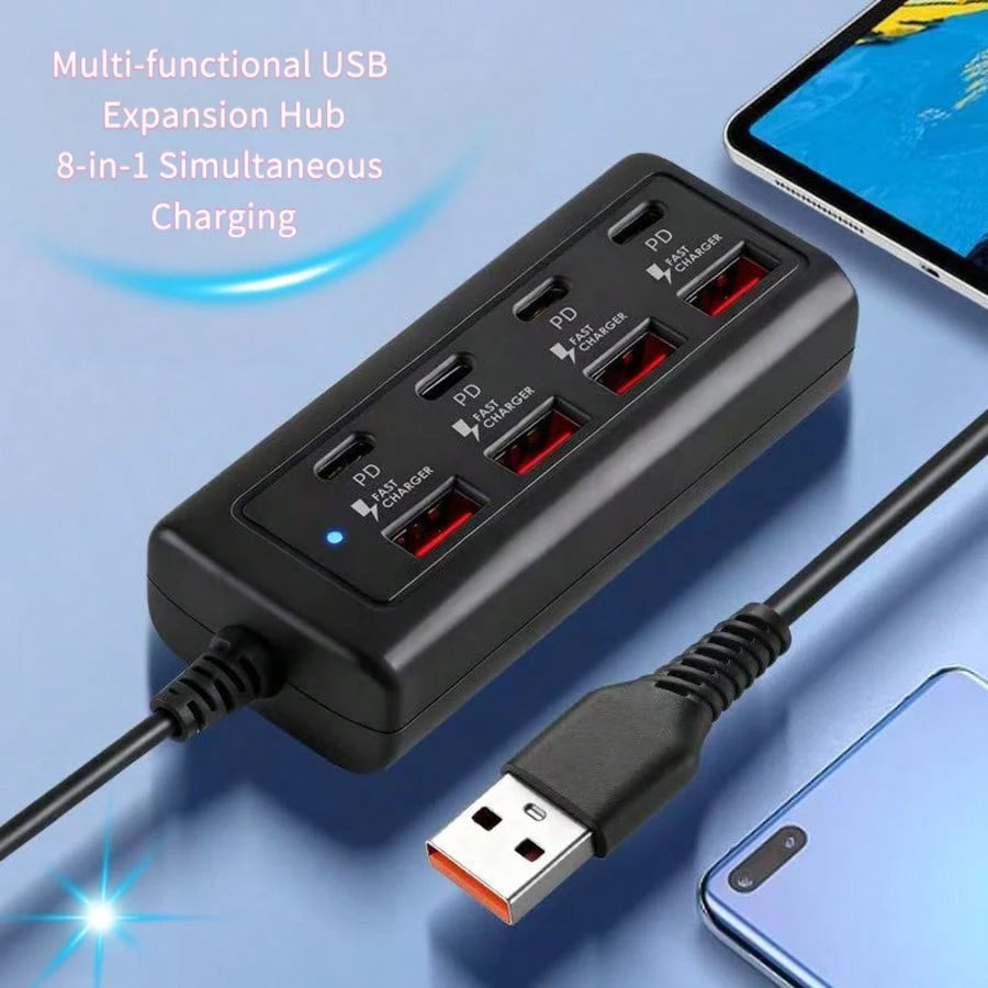 8-Port USB Hub With Fast Charging (4 USB-A + 4 PD Ports)- 25W PD Power, Compact USB Powered Docking Station, Suitable For MacBook, PC, Tablet, Smartphone- Compatible With USB-C Devices, Durable Whit