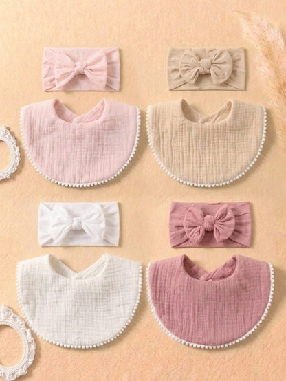 8pcs Candy Color Cotton Gauze Cute Baby Bibs, Hats Set, Suitable For Daily Use In Spring & Summer, Baby Accessories