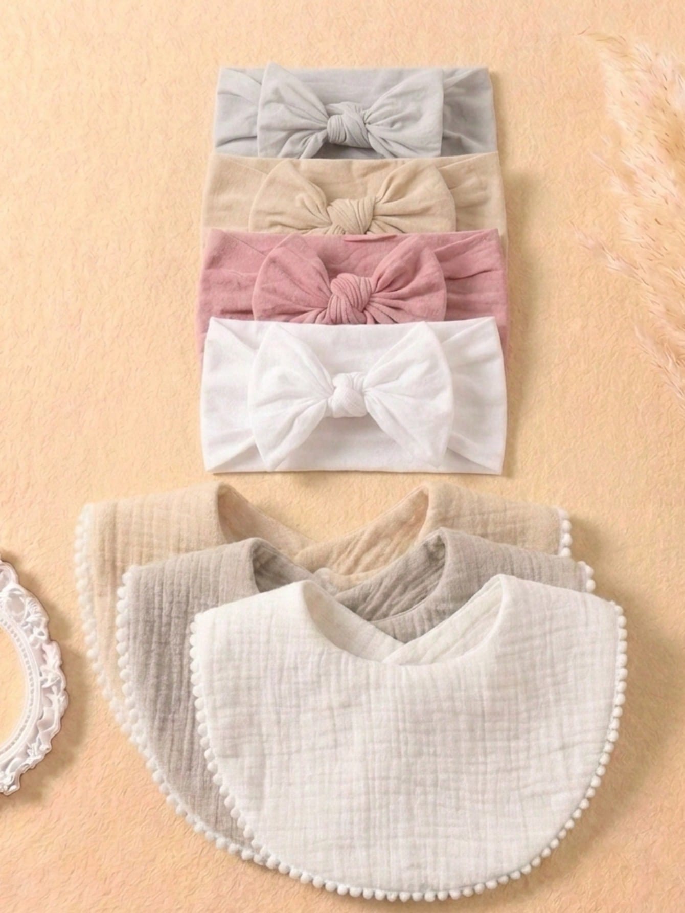 8pcs Candy Color Cotton Gauze Cute Baby Bibs, Hats Set, Suitable For Daily Use In Spring & Summer, Baby Accessories