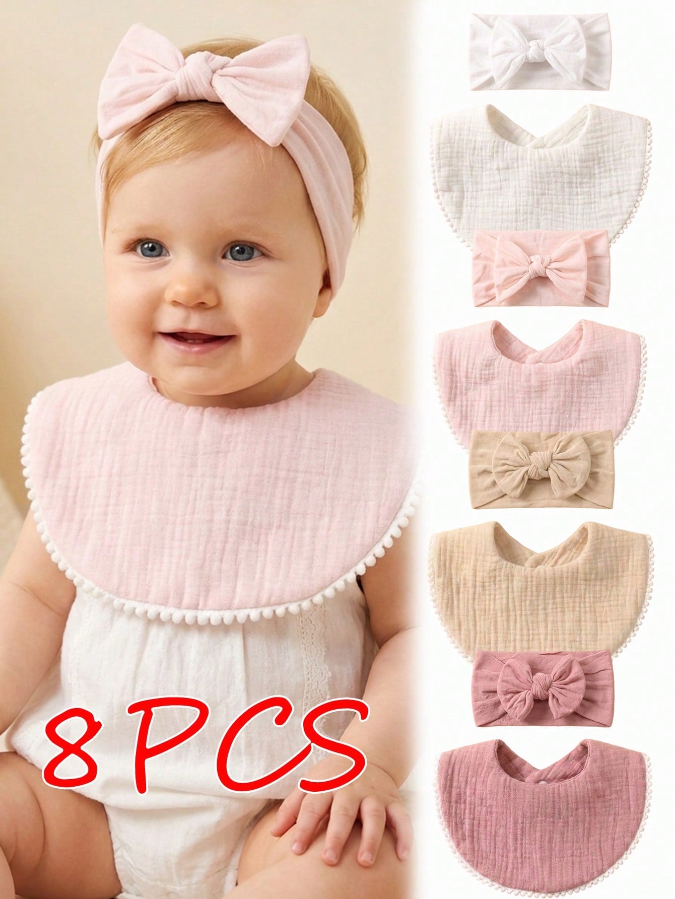 8pcs Candy Color Cotton Gauze Cute Baby Bibs, Hats Set, Suitable For Daily Use In Spring & Summer, Baby Accessories