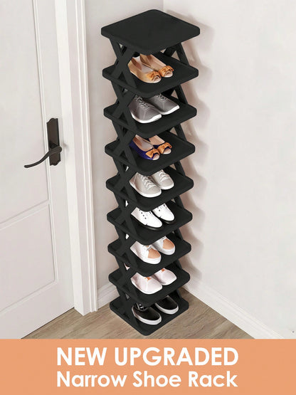 9/6 Tier Vertical Shoe Stand Space Saving Narrow Shoe Rack, Small Shoe Shelf, DIY Free Standing Shoes Storage Organizer For Entryway, Closet, Hallway, Easy Assembly And Stable In Structure, Black & Wh