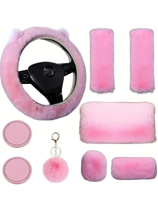 9 Pack Cute Bear Ear Fluffy Car Accessories Set For Women Girls, 15 Inch Universal Fuzzy Steering Wheel Cover, Plush Seat Belt Pads, Gear Shift Cover, Handbrake Cover, Cup Coasters, Girly Car Interior