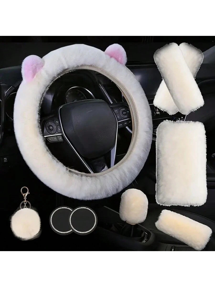 9 Pack Cute Bear Ear Fluffy Car Accessories Set For Women Girls, 15 Inch Universal Fuzzy Steering Wheel Cover, Plush Seat Belt Pads, Gear Shift Cover, Handbrake Cover, Cup Coasters, Girly Car Interior