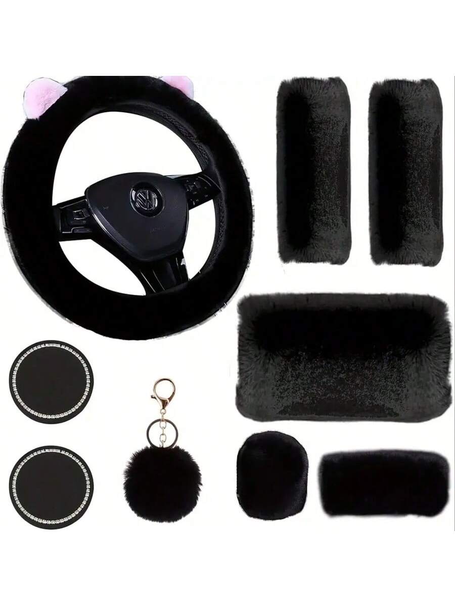 9 Pack Cute Bear Ear Fluffy Car Accessories Set For Women Girls, 15 Inch Universal Fuzzy Steering Wheel Cover, Plush Seat Belt Pads, Gear Shift Cover, Handbrake Cover, Cup Coasters, Girly Car Interior