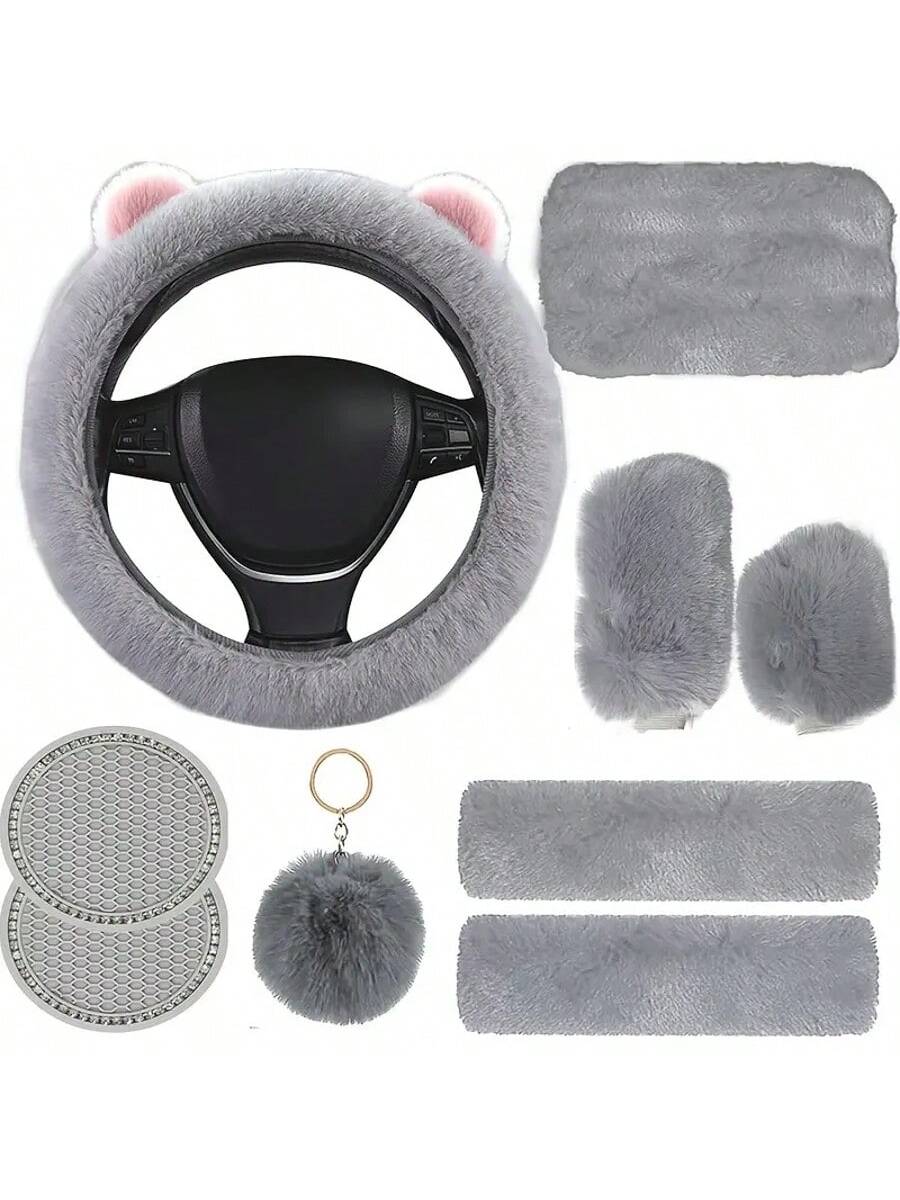 9 Pack Cute Bear Ear Fluffy Car Accessories Set For Women Girls, 15 Inch Universal Fuzzy Steering Wheel Cover, Plush Seat Belt Pads, Gear Shift Cover, Handbrake Cover, Cup Coasters, Girly Car Interior