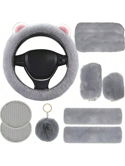 9 Pack Cute Bear Ear Fluffy Car Accessories Set For Women Girls, 15 Inch Universal Fuzzy Steering Wheel Cover, Plush Seat Belt Pads, Gear Shift Cover, Handbrake Cover, Cup Coasters, Girly Car Interior
