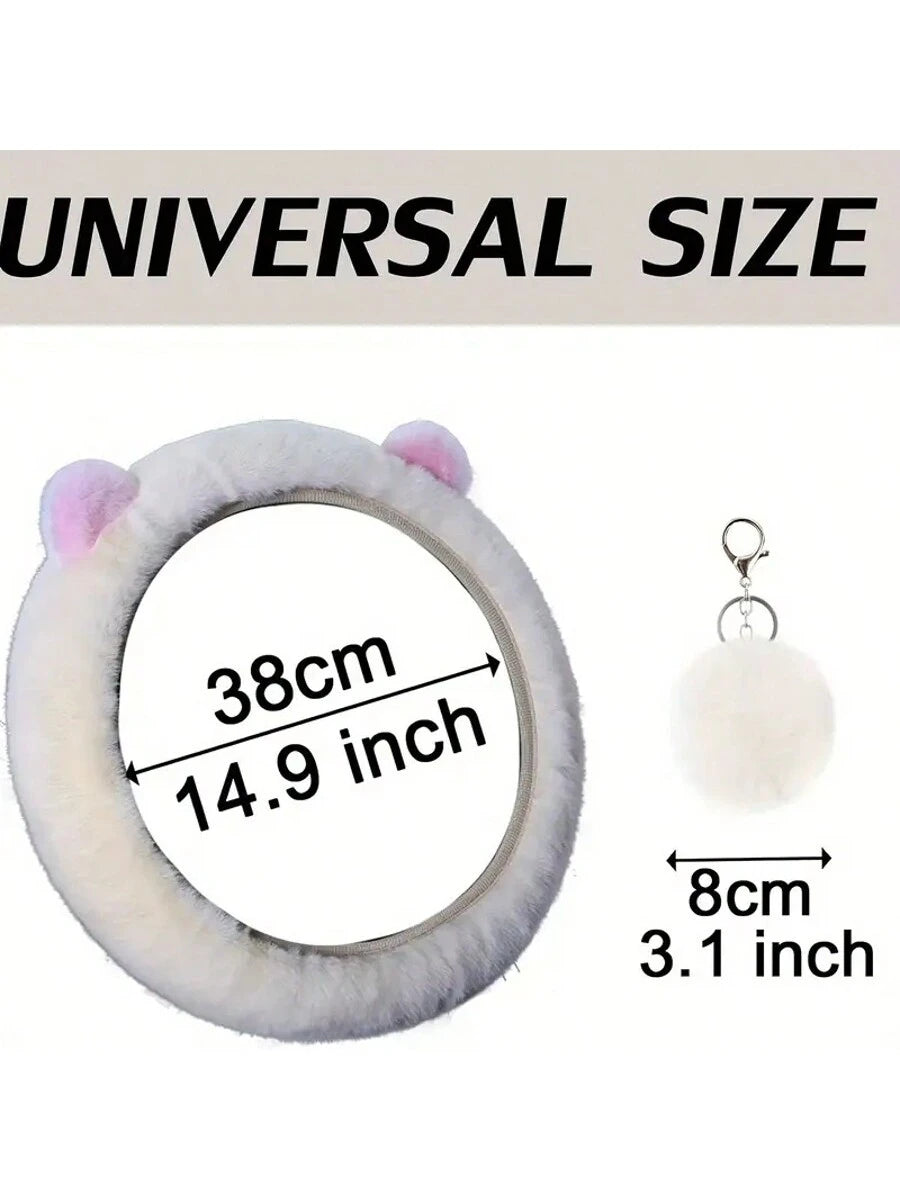 9 Pack Cute Bear Ear Fluffy Car Accessories Set For Women Girls, 15 Inch Universal Fuzzy Steering Wheel Cover, Plush Seat Belt Pads, Gear Shift Cover, Handbrake Cover, Cup Coasters, Girly Car Interior