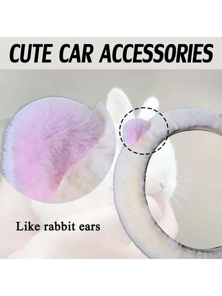 9 Pack Cute Bear Ear Fluffy Car Accessories Set For Women Girls, 15 Inch Universal Fuzzy Steering Wheel Cover, Plush Seat Belt Pads, Gear Shift Cover, Handbrake Cover, Cup Coasters, Girly Car Interior