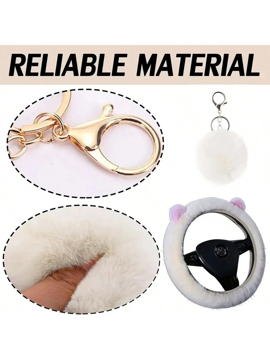 9 Pack Cute Bear Ear Fluffy Car Accessories Set For Women Girls, 15 Inch Universal Fuzzy Steering Wheel Cover, Plush Seat Belt Pads, Gear Shift Cover, Handbrake Cover, Cup Coasters, Girly Car Interior