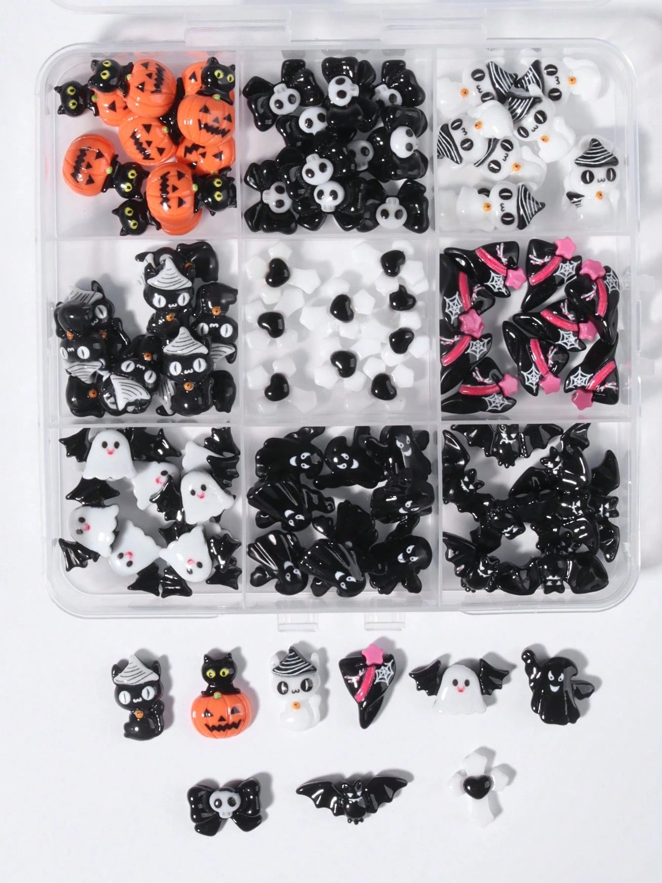 90 Pcs(9Grids) Halloween Nail Art Charms Set,3D Resin Gothic Halloween Nail Art Charms Set With Ghost, Skull, Black Cat, Pumpkin Head, Cross And Evil Bowtie Design,Nail Art Accessories Spooky Resin Gh
