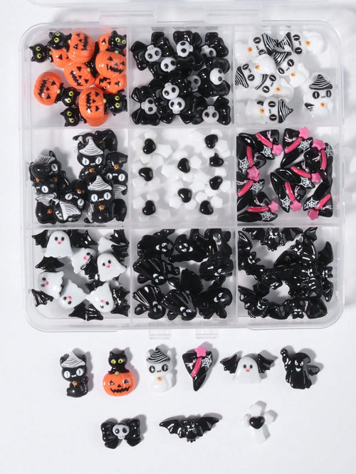 90 Pcs(9Grids) Halloween Nail Art Charms Set,3D Resin Gothic Halloween Nail Art Charms Set With Ghost, Skull, Black Cat, Pumpkin Head, Cross And Evil Bowtie Design,Nail Art Accessories Spooky Resin Gh