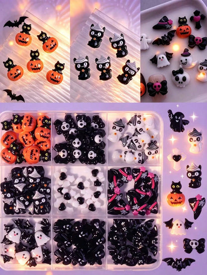 90 Pcs(9Grids) Halloween Nail Art Charms Set,3D Resin Gothic Halloween Nail Art Charms Set With Ghost, Skull, Black Cat, Pumpkin Head, Cross And Evil Bowtie Design,Nail Art Accessories Spooky Resin Gh