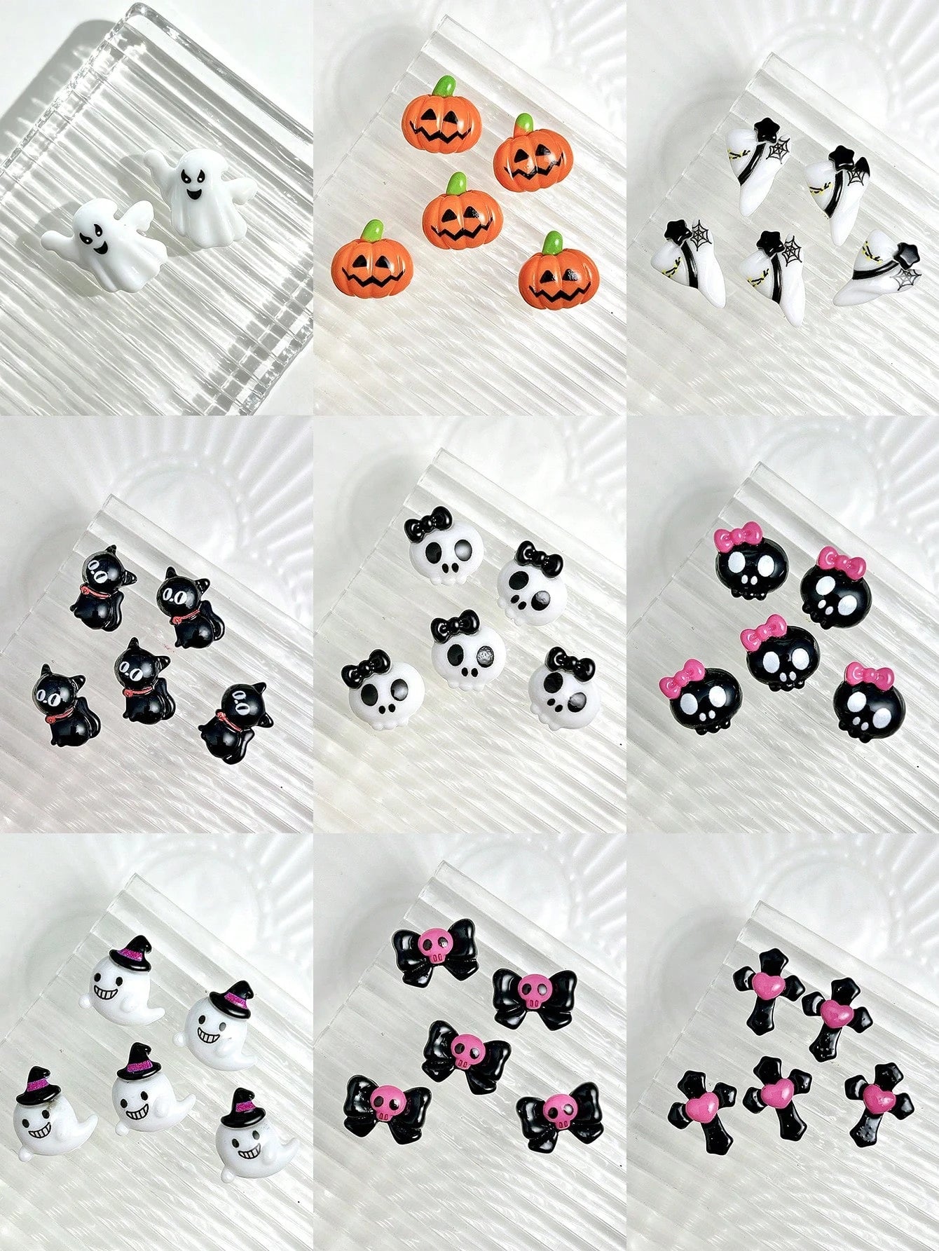 90 Pcs(9Grids) Halloween Nail Art Charms Set,3D Resin Gothic Halloween Nail Art Charms Set With Ghost, Skull, Black Cat, Pumpkin Head, Cross And Evil Bowtie Design,Nail Art Accessories Spooky Resin Gh