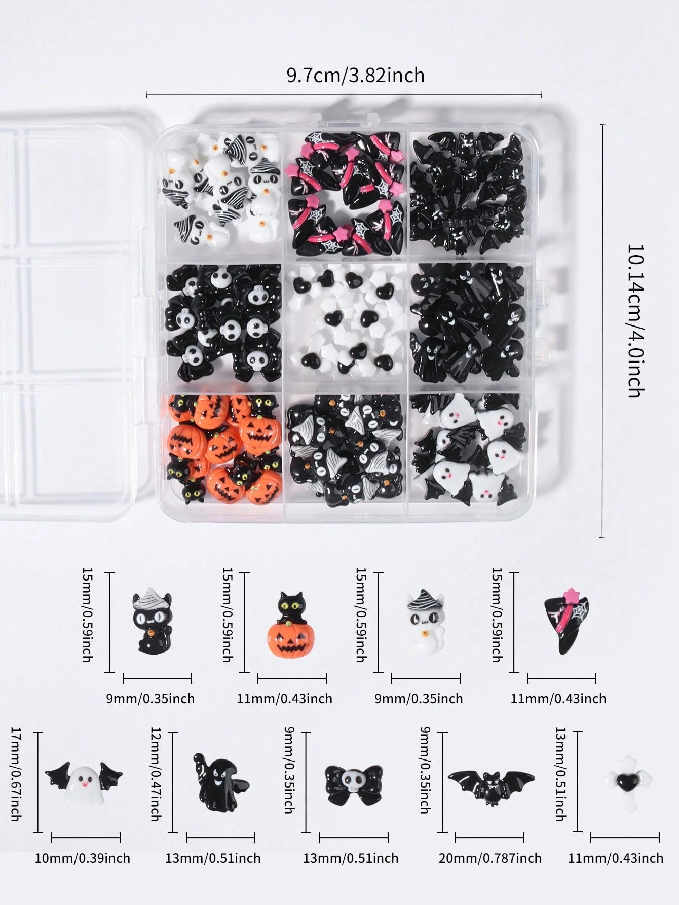 90 Pcs(9Grids) Halloween Nail Art Charms Set,3D Resin Gothic Halloween Nail Art Charms Set With Ghost, Skull, Black Cat, Pumpkin Head, Cross And Evil Bowtie Design,Nail Art Accessories Spooky Resin Gh