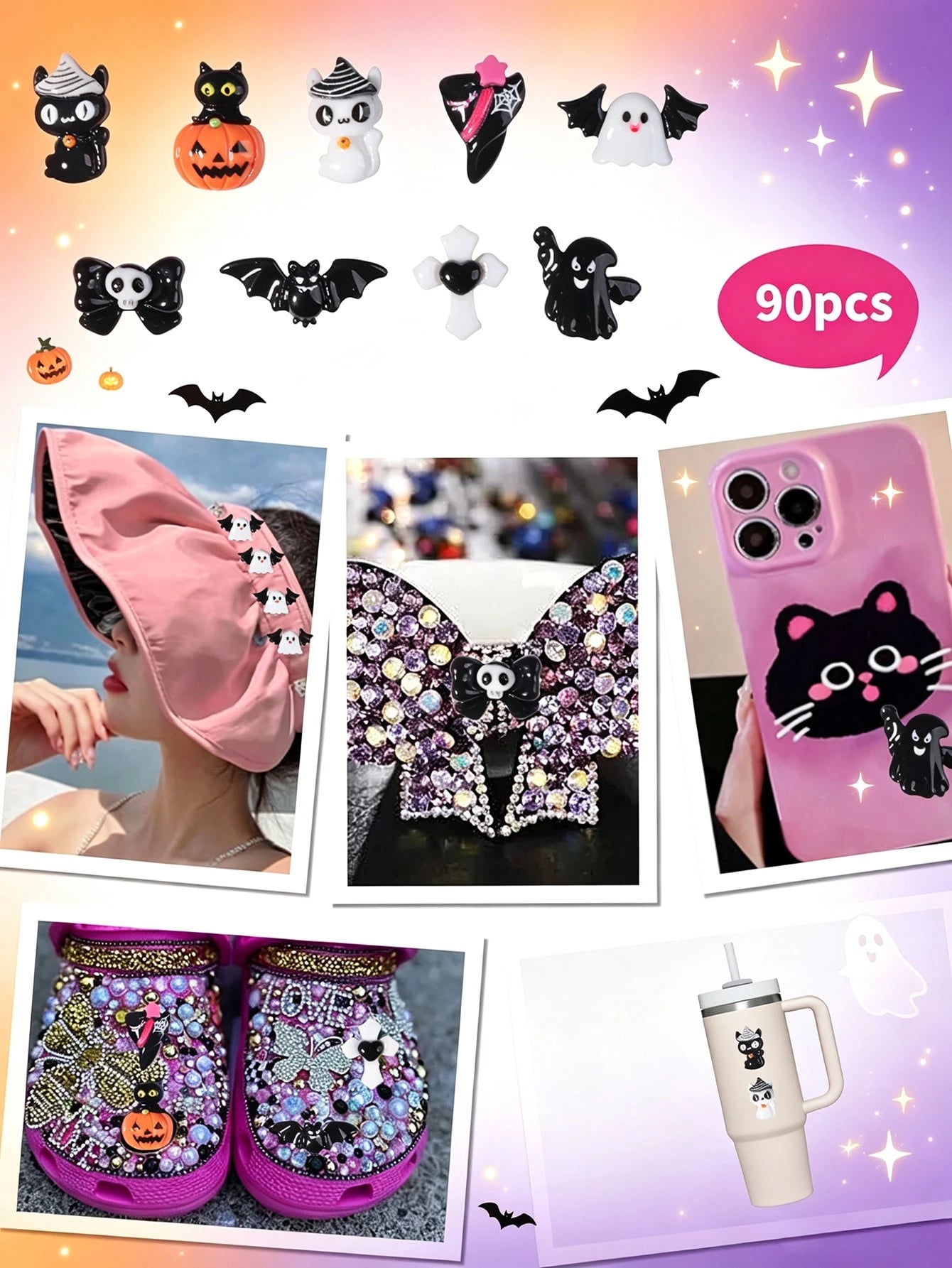 90 Pcs(9Grids) Halloween Nail Art Charms Set,3D Resin Gothic Halloween Nail Art Charms Set With Ghost, Skull, Black Cat, Pumpkin Head, Cross And Evil Bowtie Design,Nail Art Accessories Spooky Resin Gh