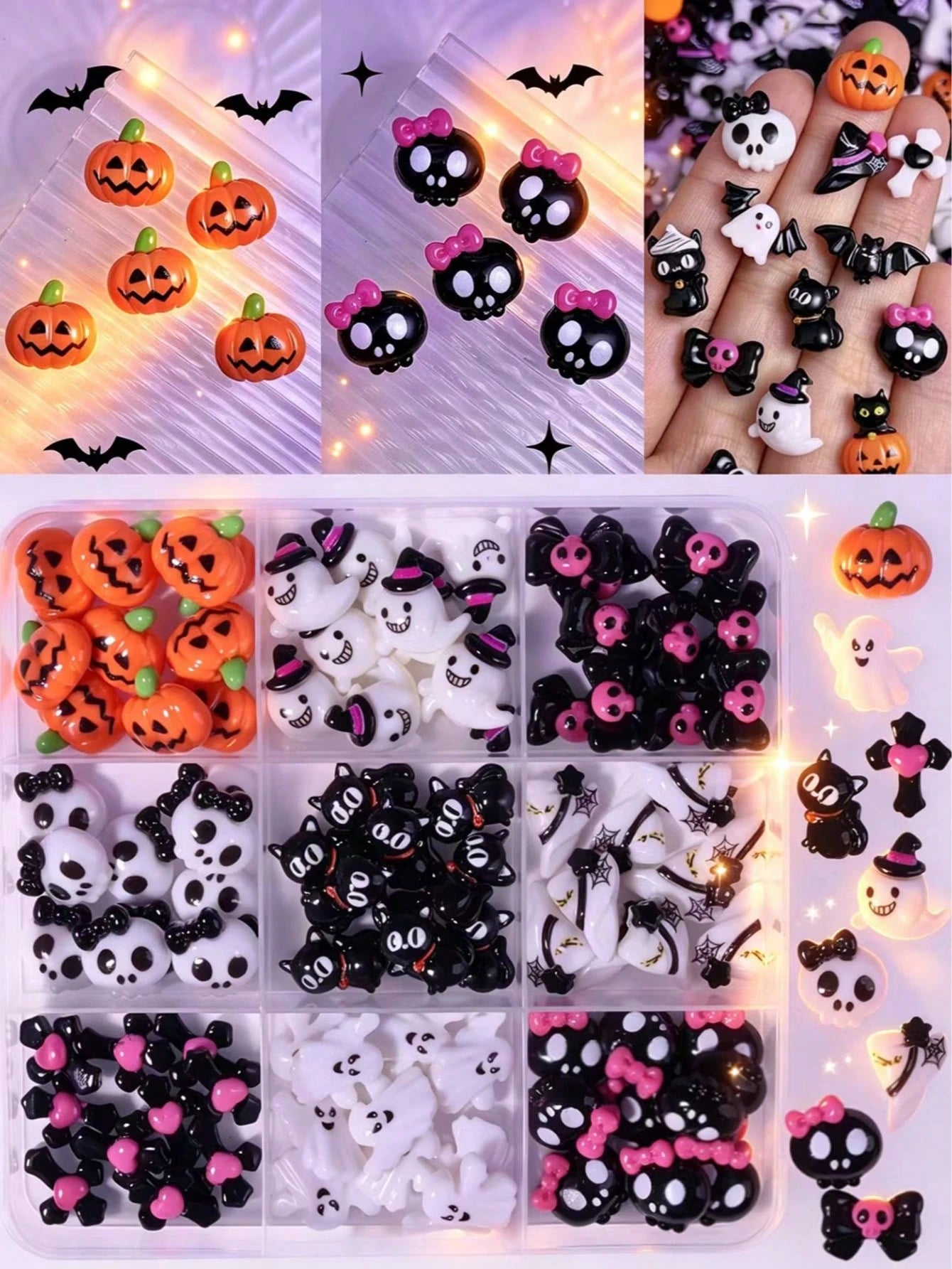 90 Pcs(9Grids) Halloween Nail Art Charms Set,3D Resin Gothic Halloween Nail Art Charms Set With Ghost, Skull, Black Cat, Pumpkin Head, Cross And Evil Bowtie Design,Nail Art Accessories Spooky Resin Gh