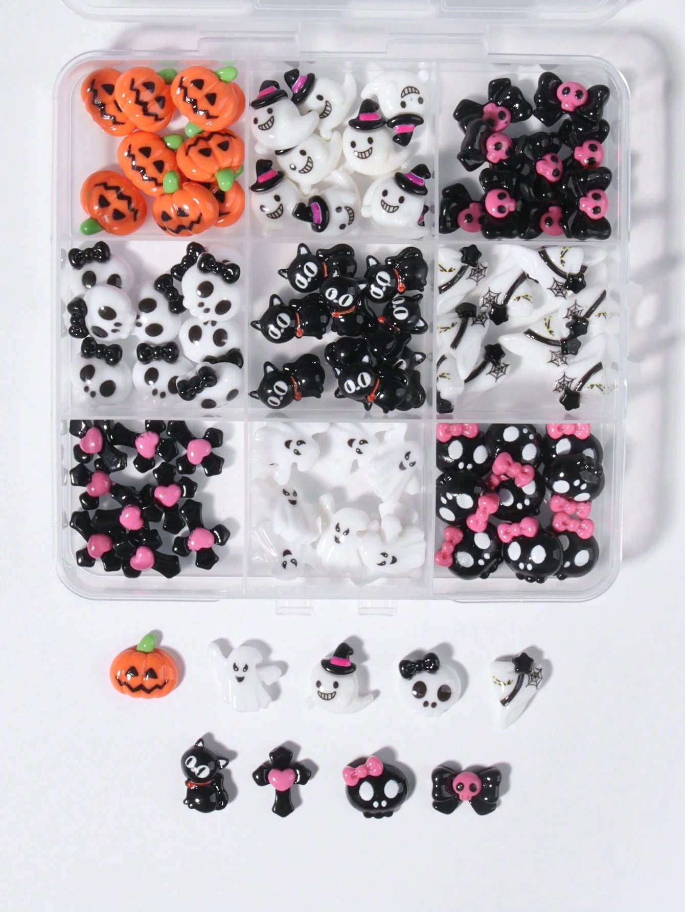 90 Pcs(9Grids) Halloween Nail Art Charms Set,3D Resin Gothic Halloween Nail Art Charms Set With Ghost, Skull, Black Cat, Pumpkin Head, Cross And Evil Bowtie Design,Nail Art Accessories Spooky Resin Gh