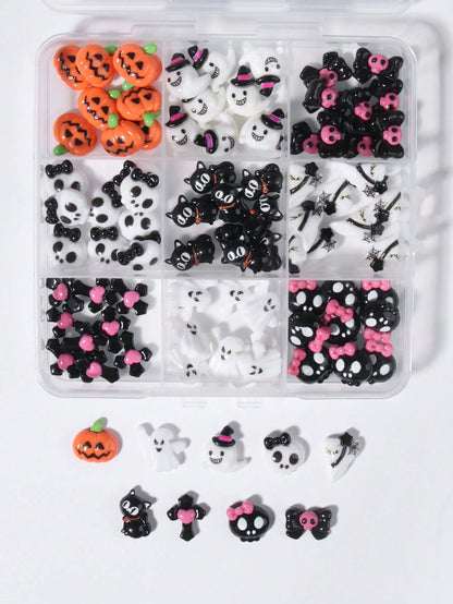90 Pcs(9Grids) Halloween Nail Art Charms Set,3D Resin Gothic Halloween Nail Art Charms Set With Ghost, Skull, Black Cat, Pumpkin Head, Cross And Evil Bowtie Design,Nail Art Accessories Spooky Resin Gh