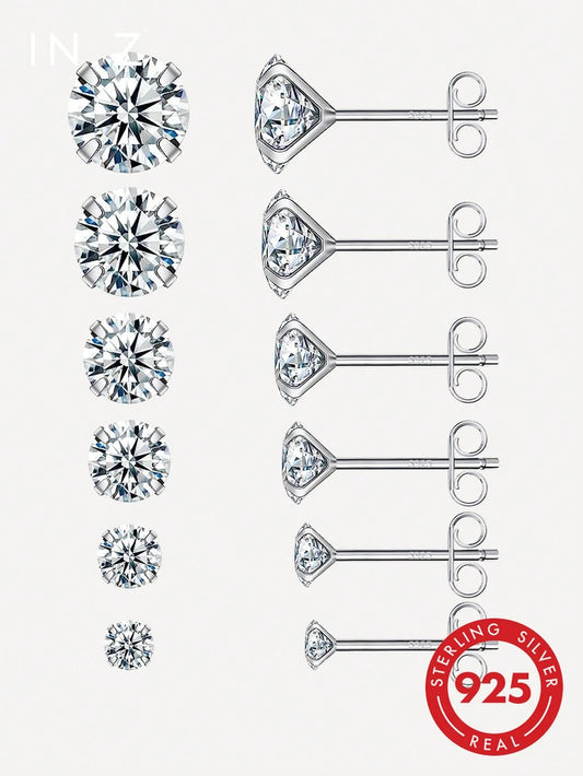 925 Sterling Silver Earring Set| Hypoallergenic White Gold Plated Cubic Zirconia Stud Earrings (3mm, 4mm, 5mm, 6mm)| Unisex Wedding Engagement Bridal Jewelry