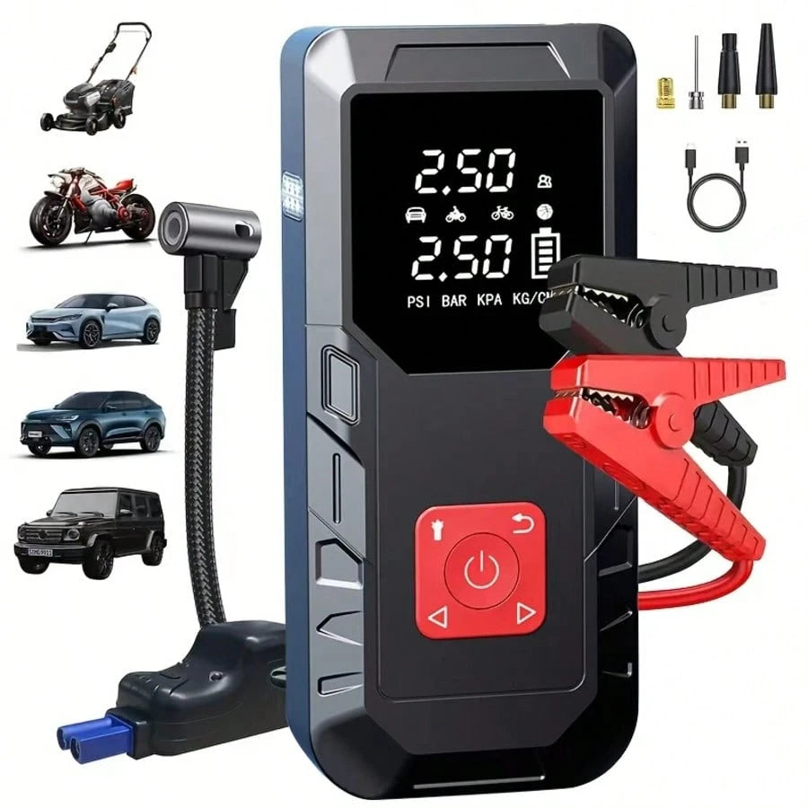 A 150PSI Car Jump Starter, Featuring Intelligent Digital Display Inflation, USB Charging, LED Lighting, Compatibility With 10L Gasoline/9.0L Engines, Multiple Safety Protections, And A Complimentary E