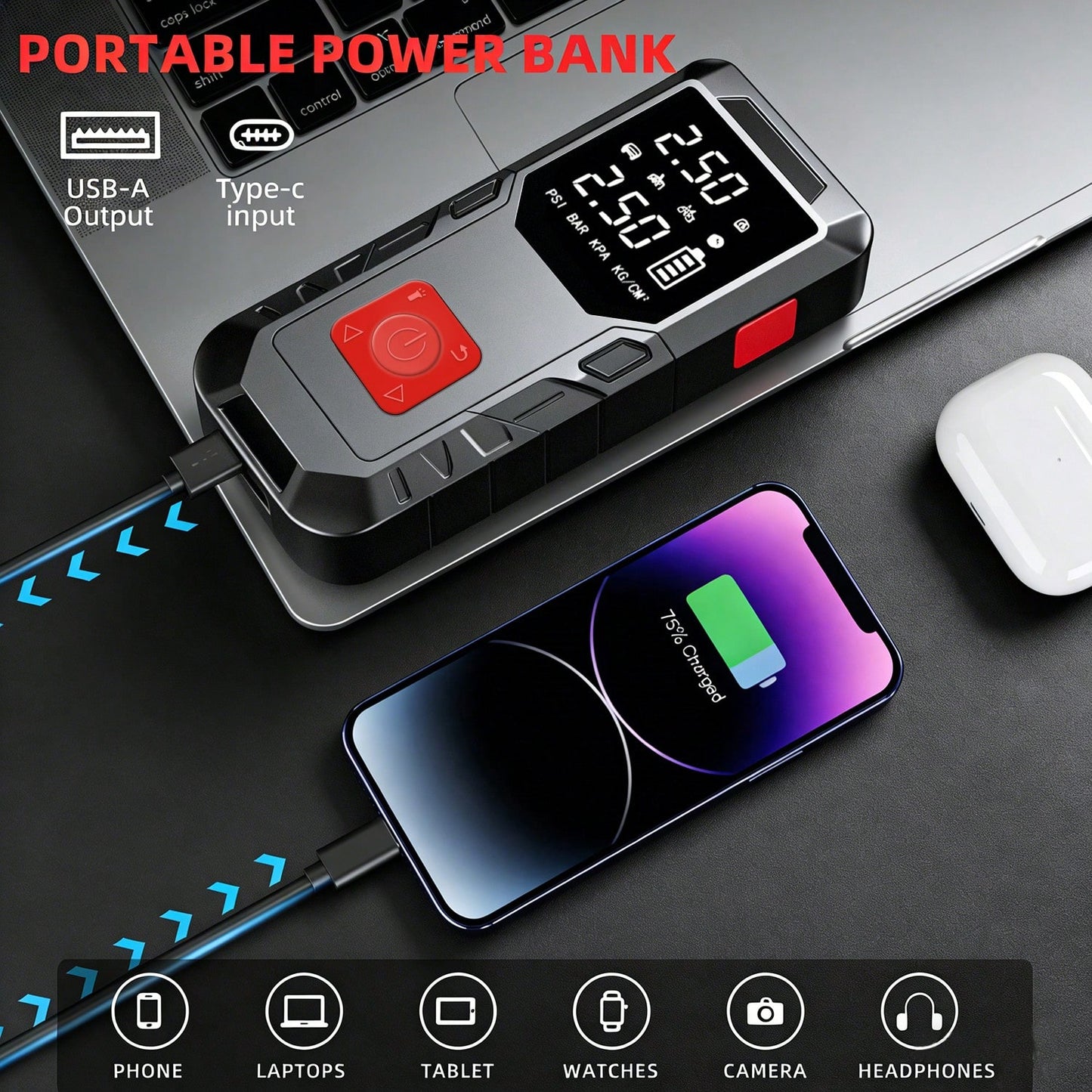 A 150PSI Car Jump Starter, Featuring Intelligent Digital Display Inflation, USB Charging, LED Lighting, Compatibility With 10L Gasoline/9.0L Engines, Multiple Safety Protections, And A Complimentary E