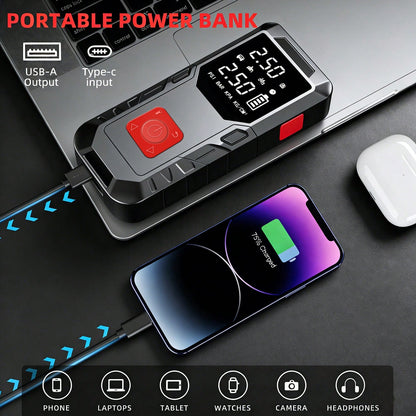 A 150PSI Car Jump Starter, Featuring Intelligent Digital Display Inflation, USB Charging, LED Lighting, Compatibility With 10L Gasoline/9.0L Engines, Multiple Safety Protections, And A Complimentary E