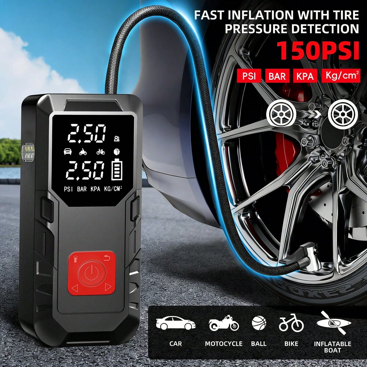 A 150PSI Car Jump Starter, Featuring Intelligent Digital Display Inflation, USB Charging, LED Lighting, Compatibility With 10L Gasoline/9.0L Engines, Multiple Safety Protections, And A Complimentary E