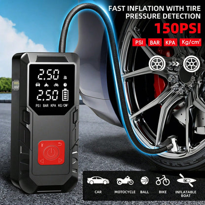 A 150PSI Car Jump Starter, Featuring Intelligent Digital Display Inflation, USB Charging, LED Lighting, Compatibility With 10L Gasoline/9.0L Engines, Multiple Safety Protections, And A Complimentary E