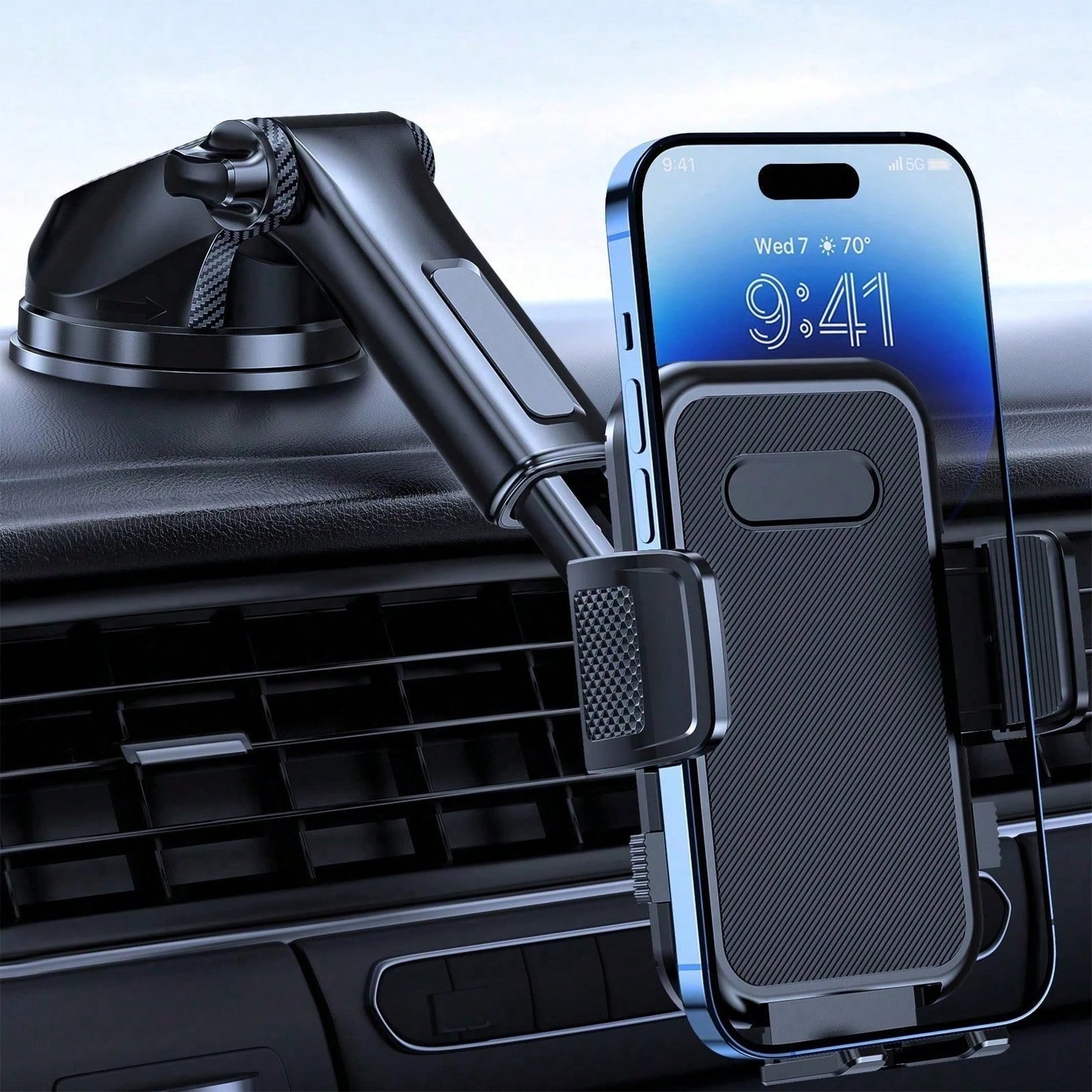 Adjustable Car Phone Holder Mount, Phone Mount For Car Windshield Dashboard, Universal Carbon Fiber Hands Free Automobile Cell Phone Holder Fit For Smartphone