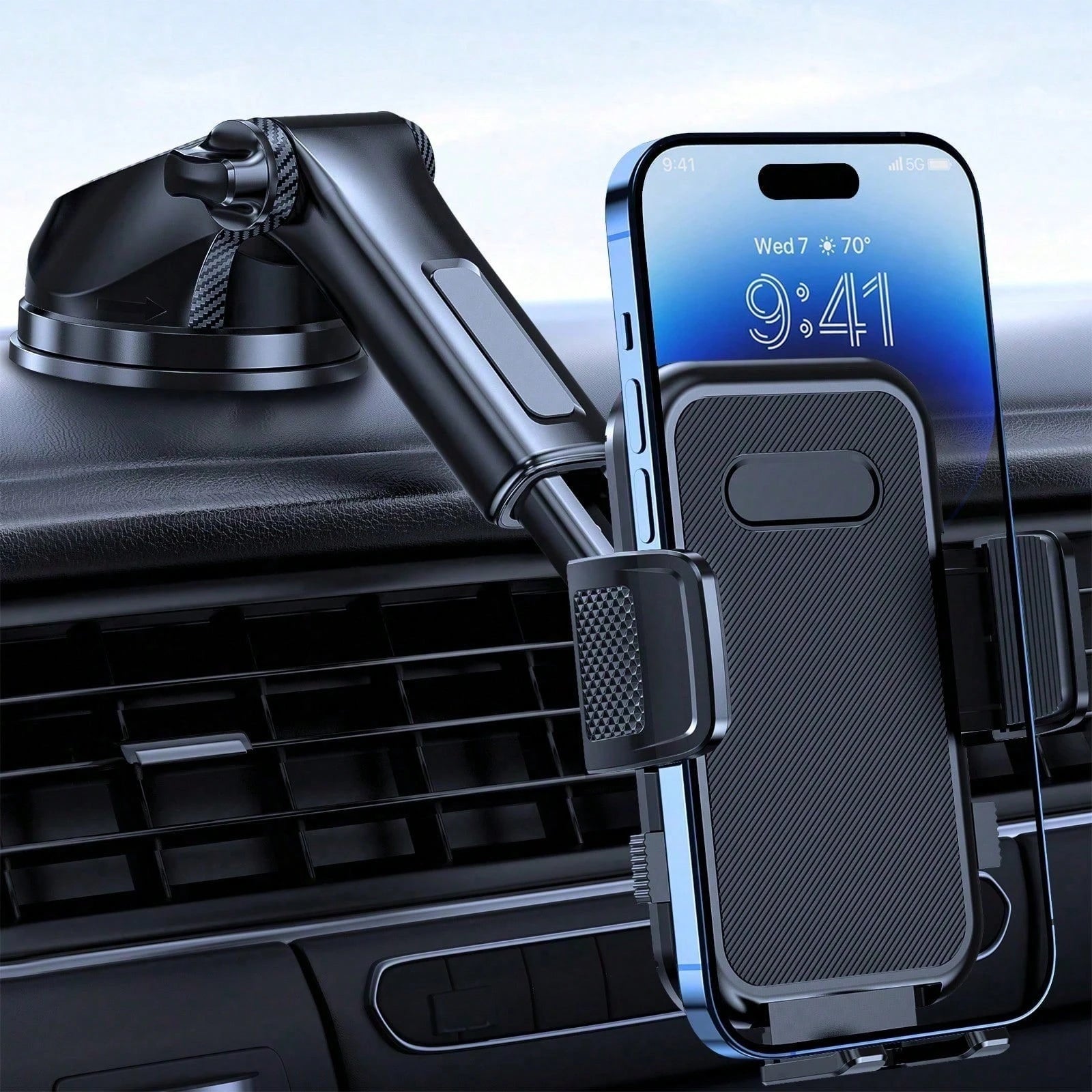 Adjustable Car Phone Holder Mount, Phone Mount For Car Windshield Dashboard, Universal Carbon Fiber Hands Free Automobile Cell Phone Holder Fit For Smartphone