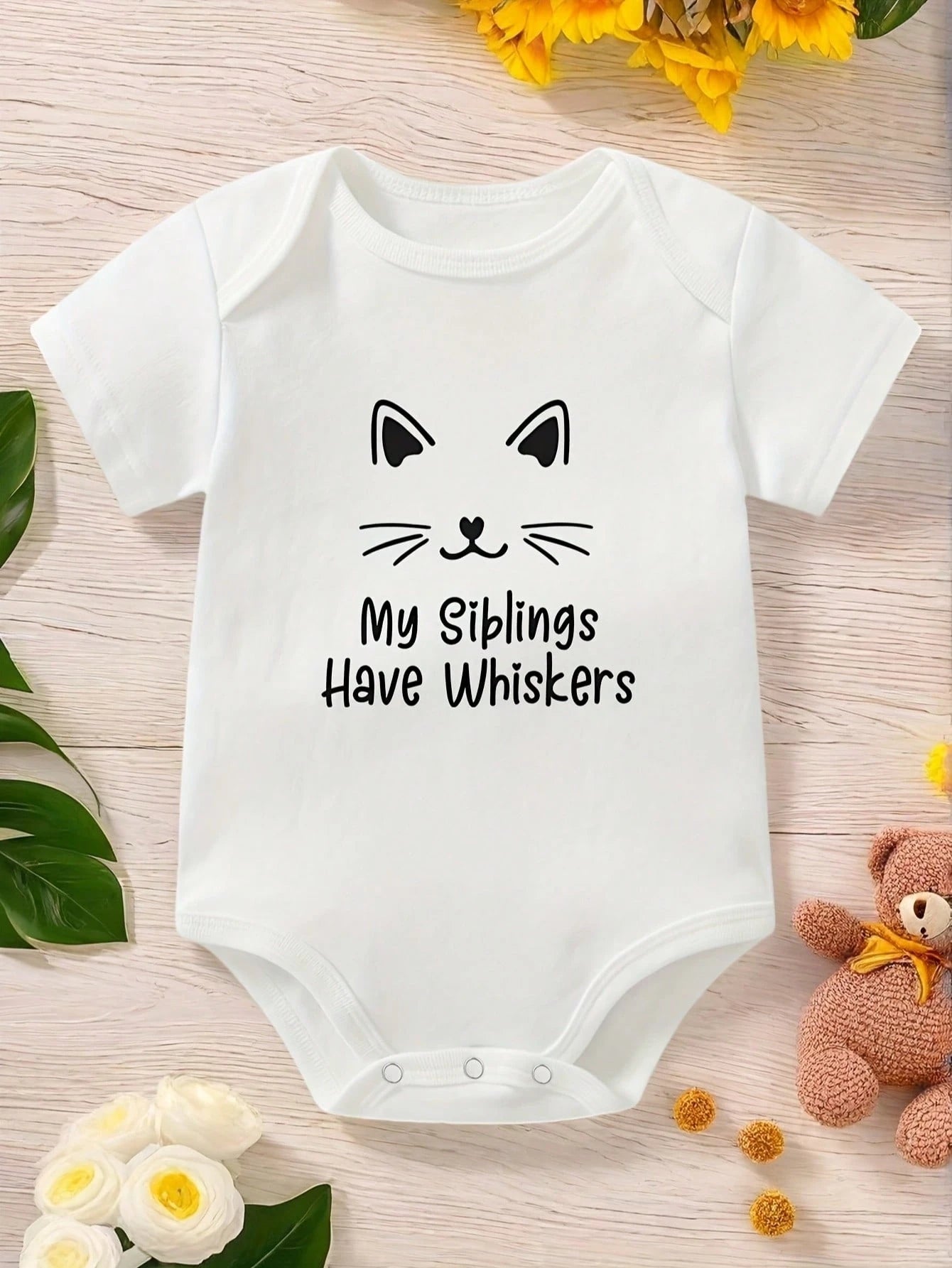 Adorable Cute Baby Infant Toddler Girls My Siblings Have Whiskers Cat Ears Face Outline Graphic Print Short Sleeve Crew Neck Bodysuit Top