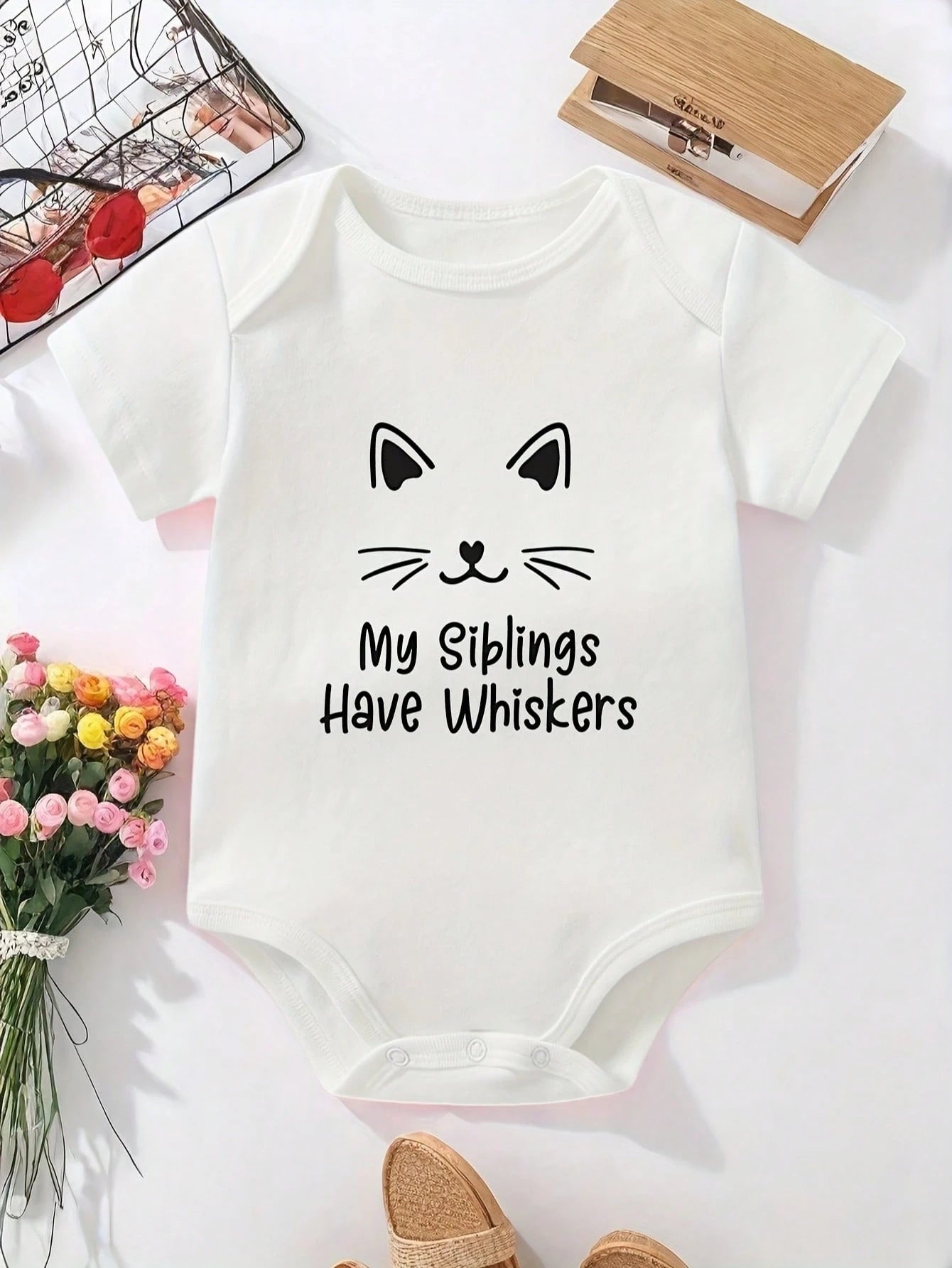 Adorable Cute Baby Infant Toddler Girls My Siblings Have Whiskers Cat Ears Face Outline Graphic Print Short Sleeve Crew Neck Bodysuit Top