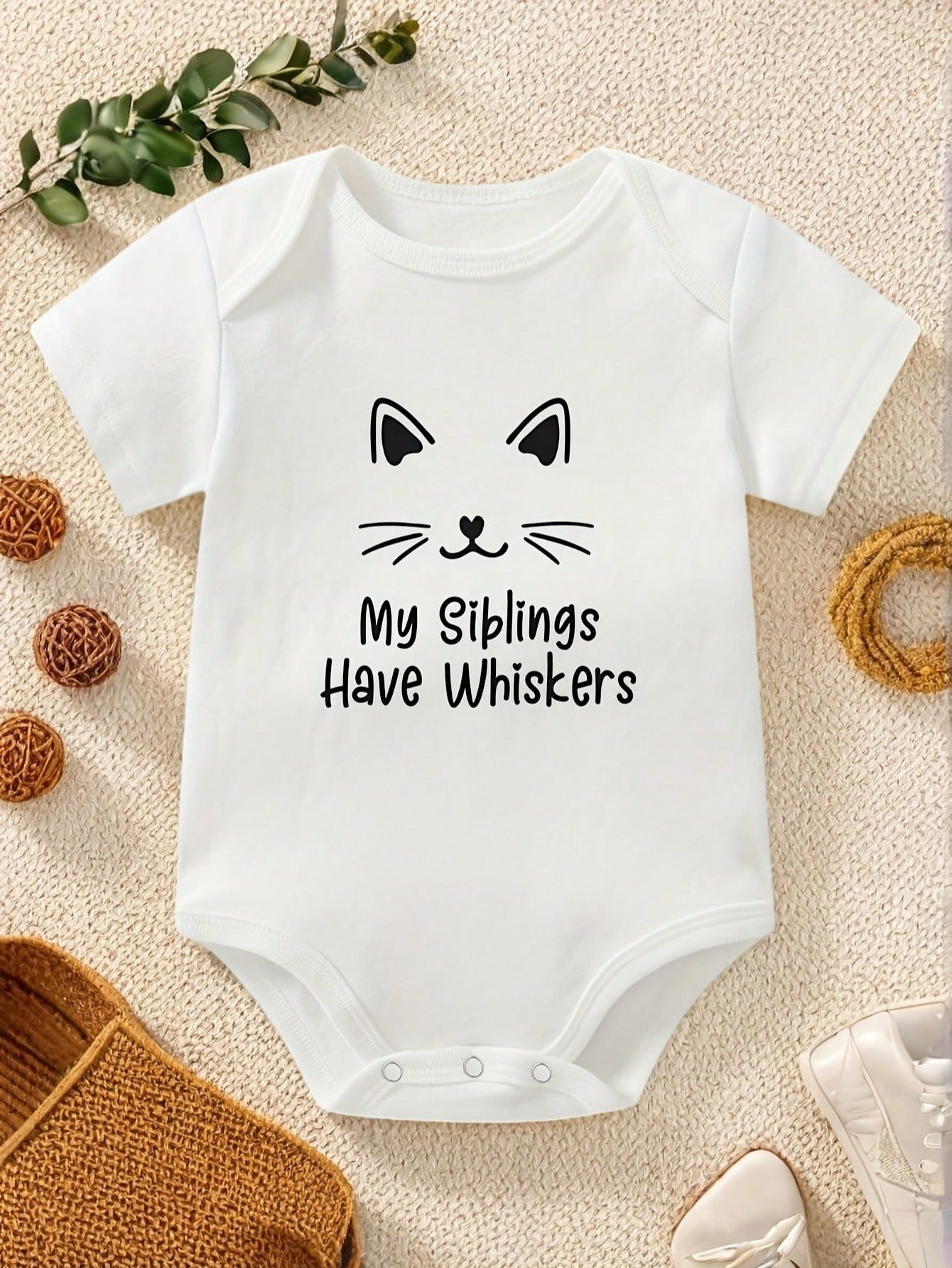 Adorable Cute Baby Infant Toddler Girls My Siblings Have Whiskers Cat Ears Face Outline Graphic Print Short Sleeve Crew Neck Bodysuit Top