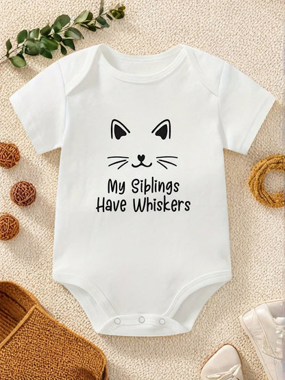 Adorable Cute Baby Infant Toddler Girls My Siblings Have Whiskers Cat Ears Face Outline Graphic Print Short Sleeve Crew Neck Bodysuit Top