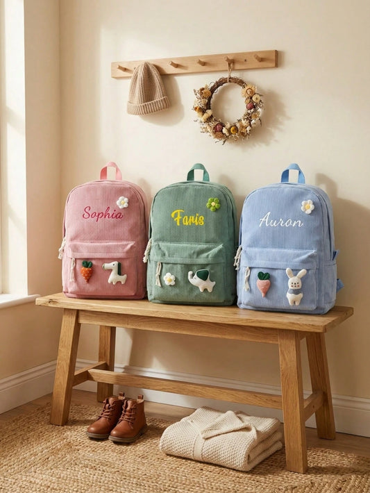 Adorable Personalized Backpack With Custom Name- Cute Vintage Corduroy School Bag, Lightweight Comfortable Travel Pack, Back To School Gift