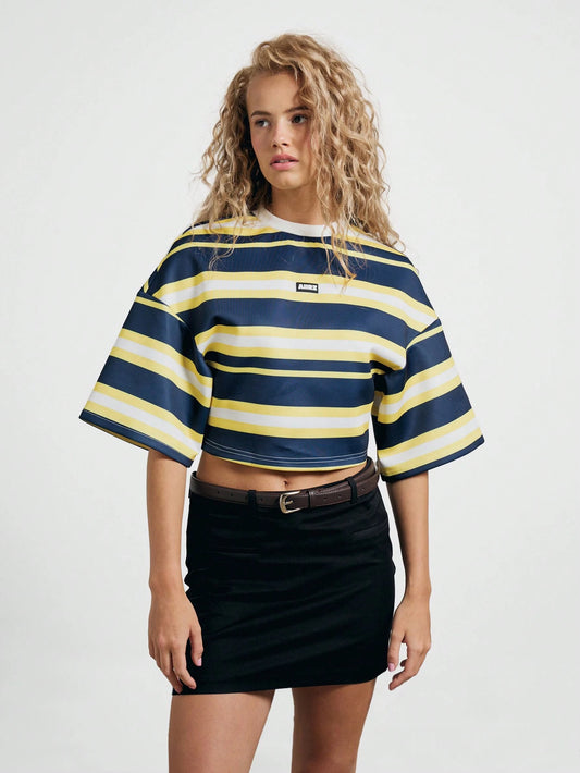AiiRZ Striped Oversized Drop Shoulder Round Neck Cropped T-Shirt