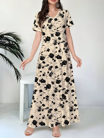 Al Najma Women's V-Neck Short Sleeve Floral Print Knit Dress,Beige,Summer,Tropical,Brunch,Vacation,Holiday Casual Work Wear,Black Flower Pattern Daily Party