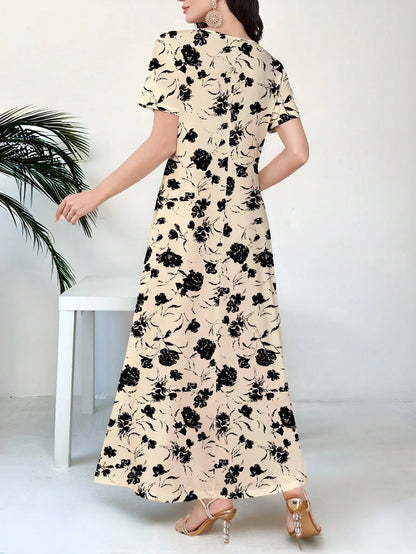Al Najma Women's V-Neck Short Sleeve Floral Print Knit Dress,Beige,Summer,Tropical,Brunch,Vacation,Holiday Casual Work Wear,Black Flower Pattern Daily Party
