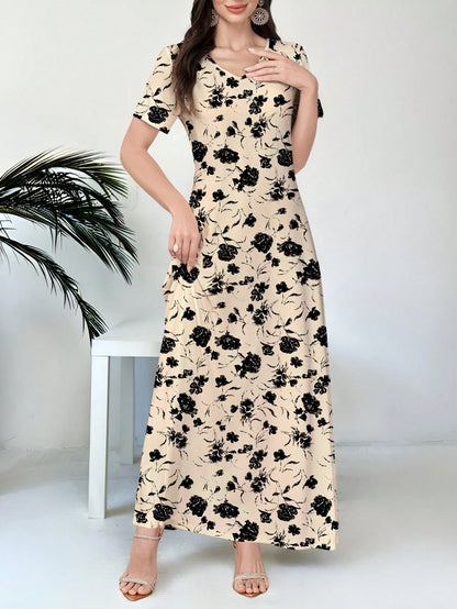 Al Najma Women's V-Neck Short Sleeve Floral Print Knit Dress,Beige,Summer,Tropical,Brunch,Vacation,Holiday Casual Work Wear,Black Flower Pattern Daily Party