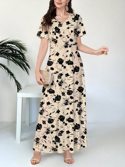 Al Najma Women's V-Neck Short Sleeve Floral Print Knit Dress,Beige,Summer,Tropical,Brunch,Vacation,Holiday Casual Work Wear,Black Flower Pattern Daily Party